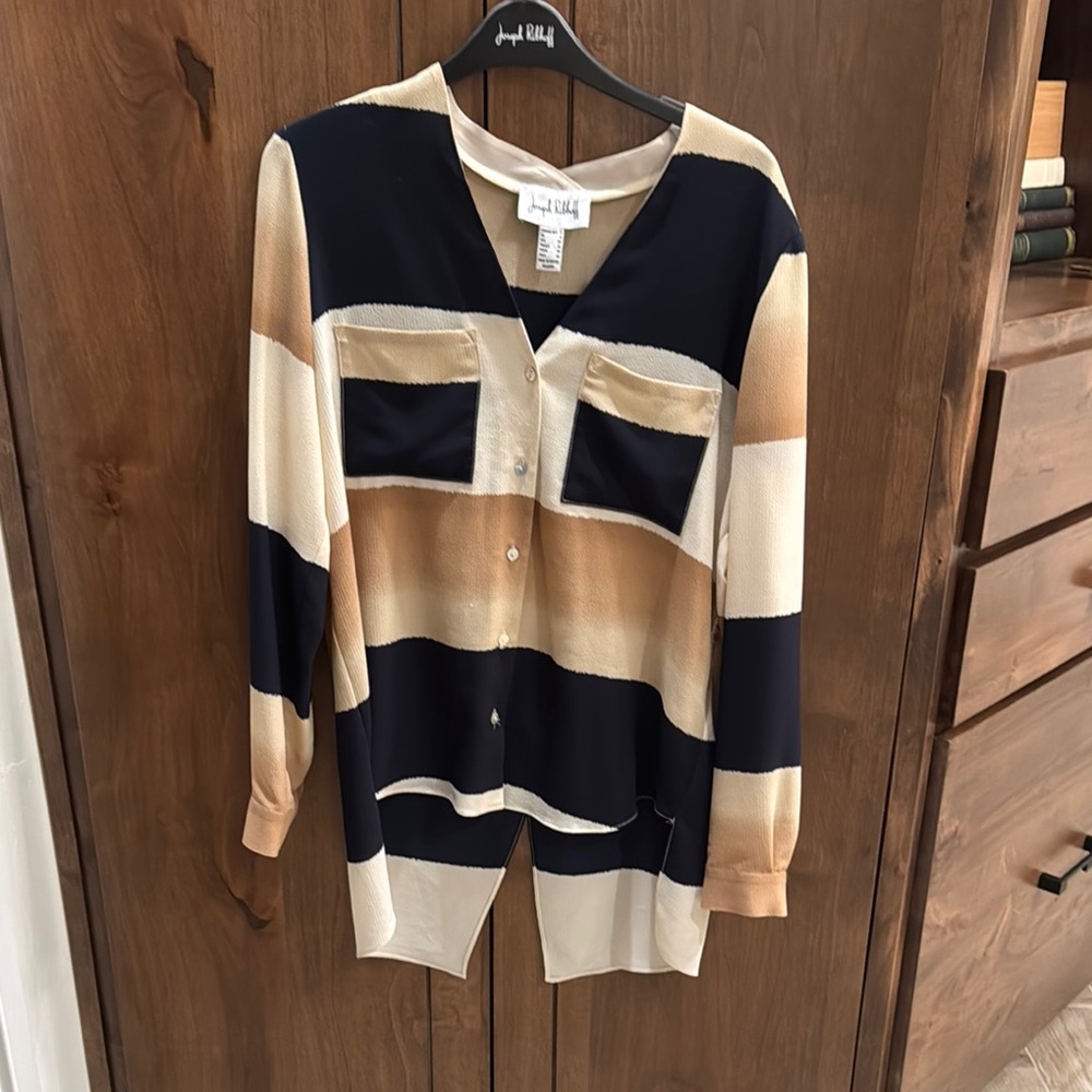 Joseph Ribkoff Stylish Striped Navy and Tan Button-Up Blouse